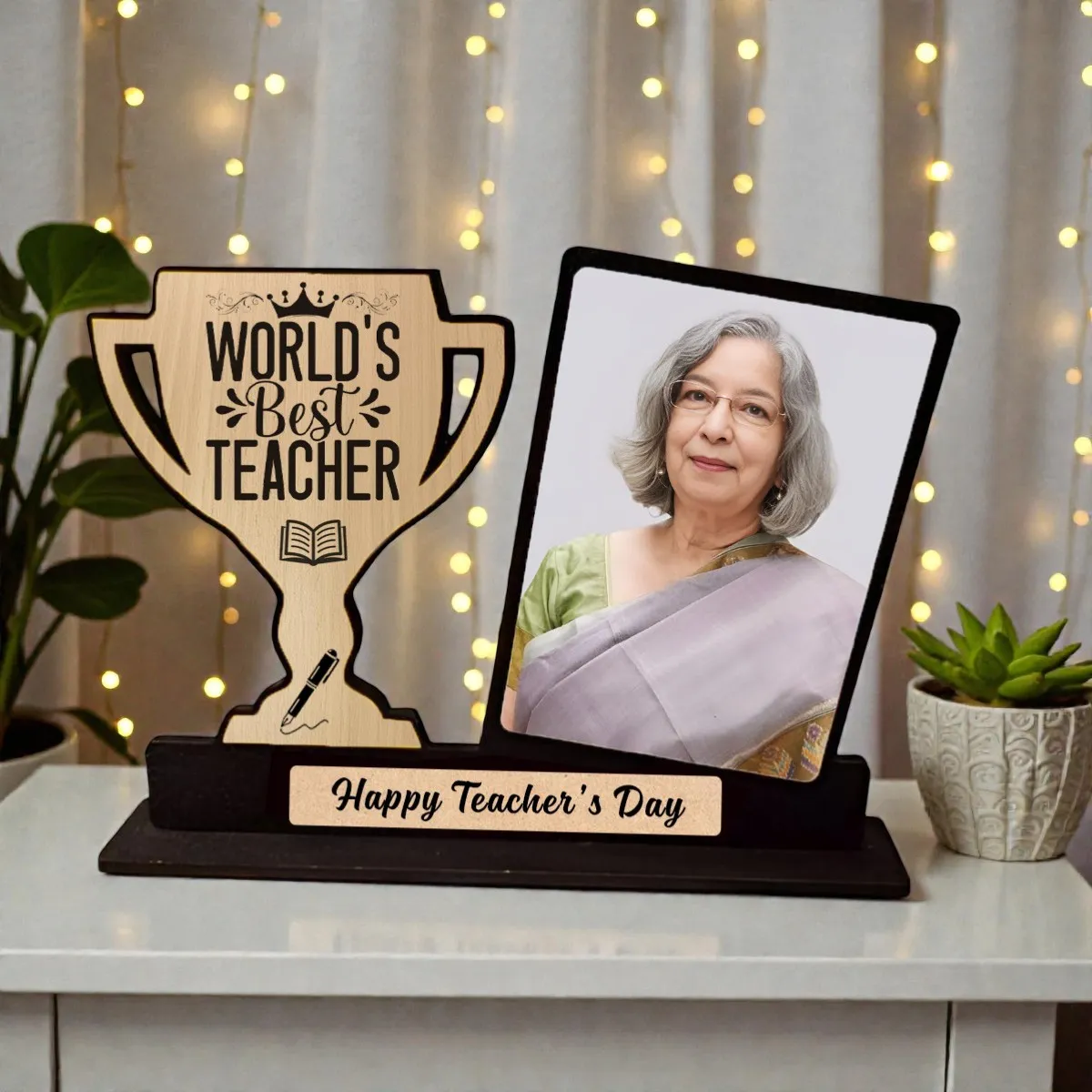 Personalized World’s Best Teacher Wooden Trophy with Photo Frame | Custom MDF Teacher’s Day Gift | Engraved Award Plaque Desk Decor | Unique Teacher Appreciation Gift India | DVMART®