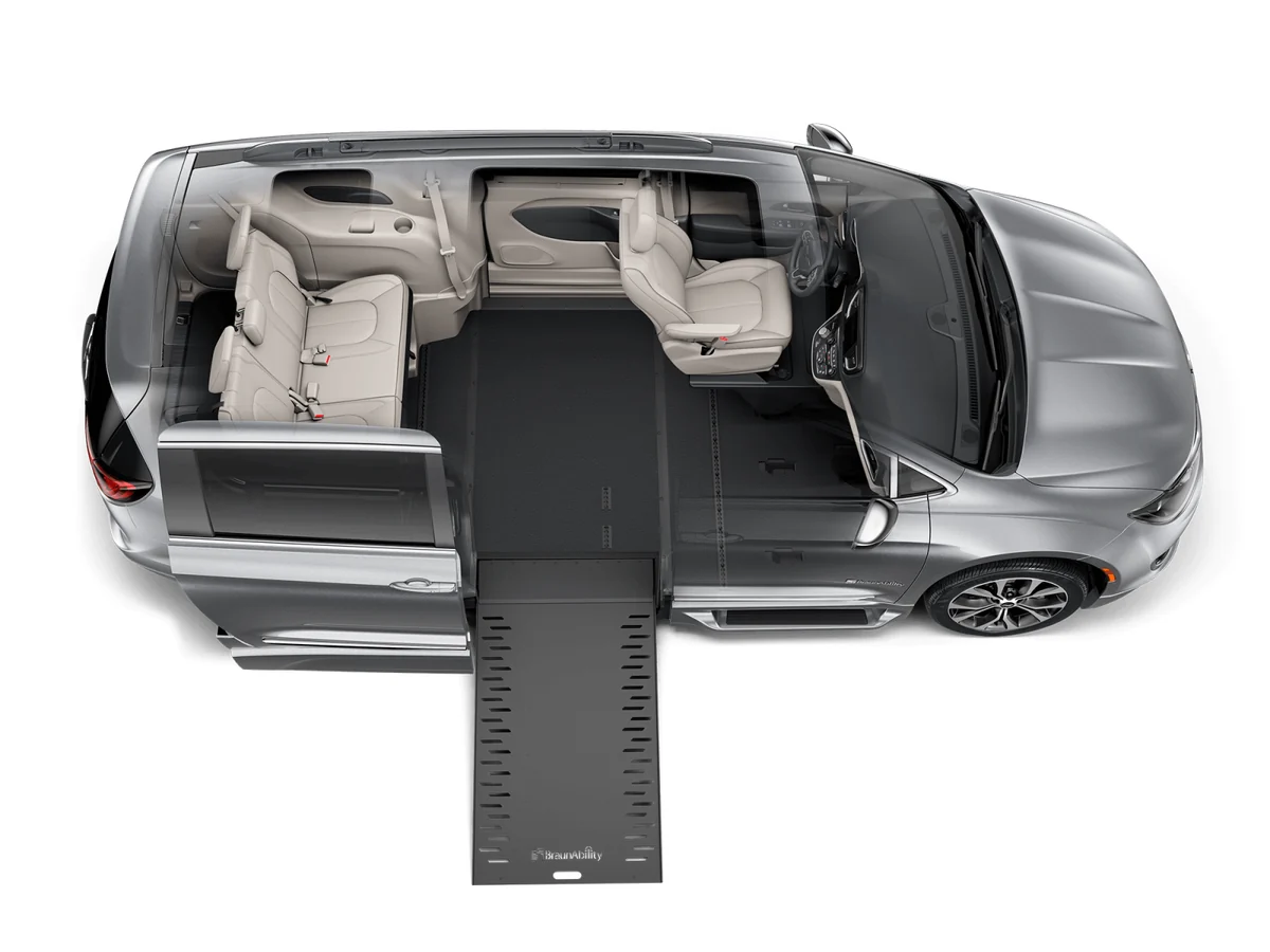 Top-down view of the BraunAbility Chrysler Pacifica interior with the ramp deployed