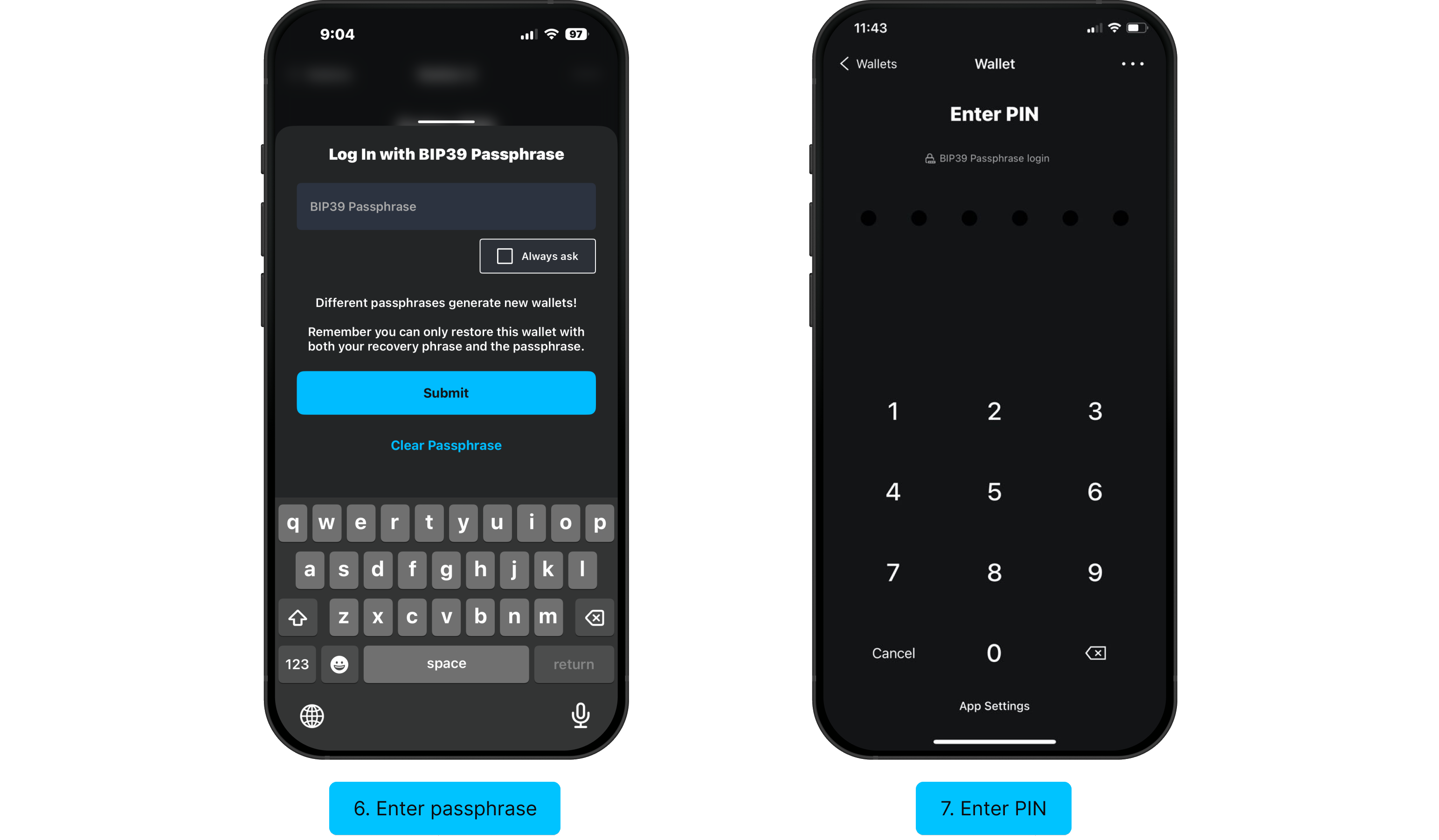 Log in with BIP39 passphrase: enter passphrase, enter PIN