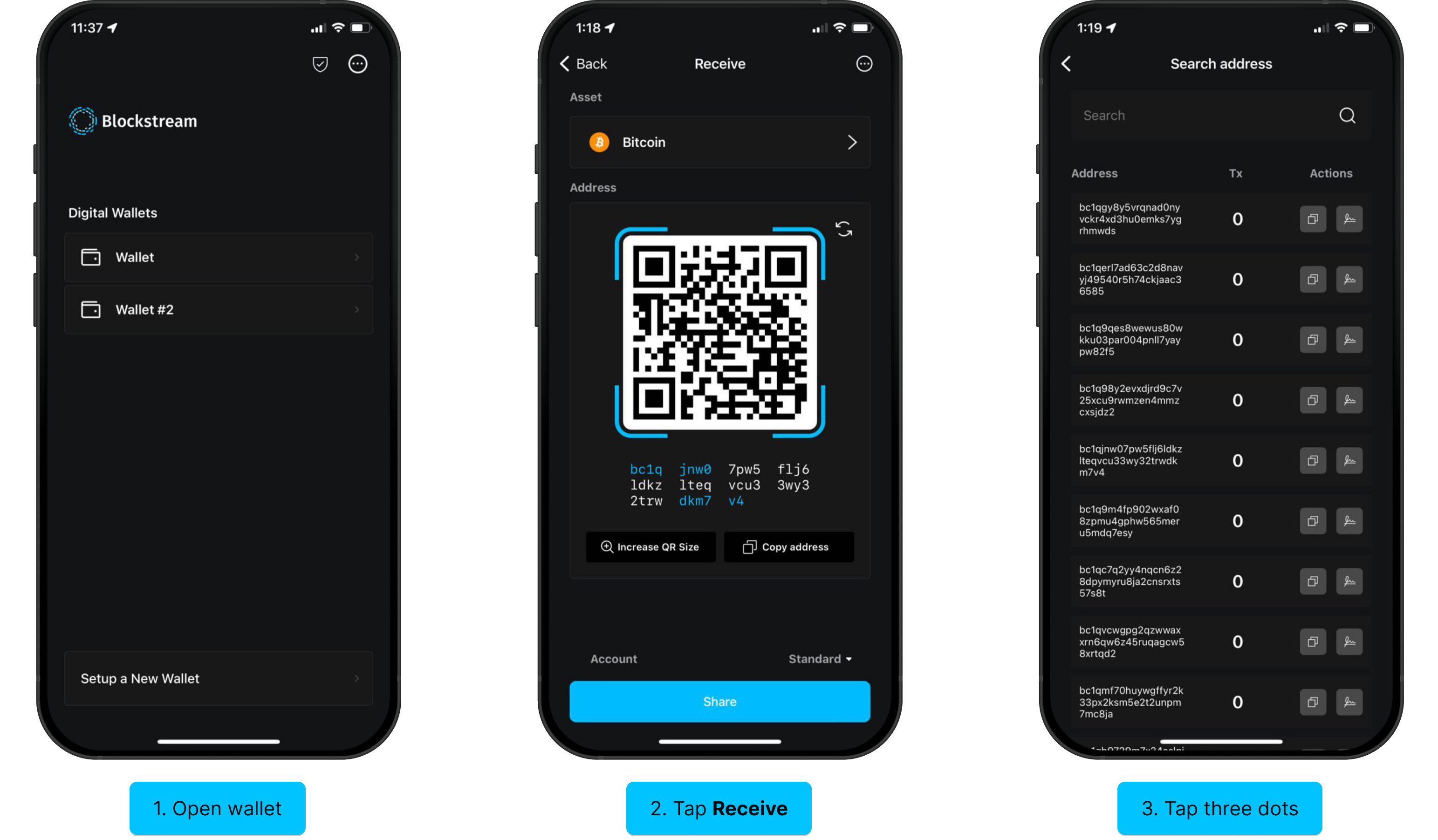 Sign message steps 1-3: open wallet, tap Receive, tap three dots