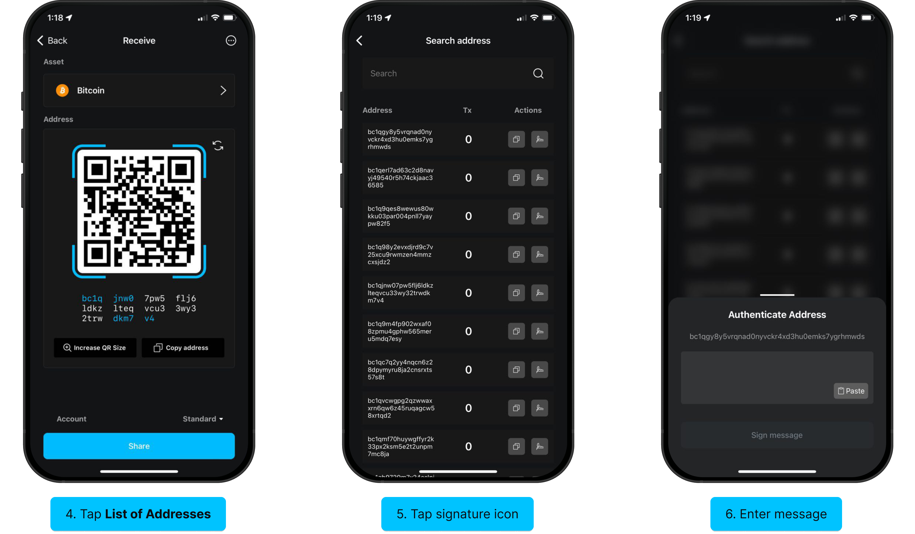 Sign message steps 4-6: tap List of Addresses, tap signature icon, enter message