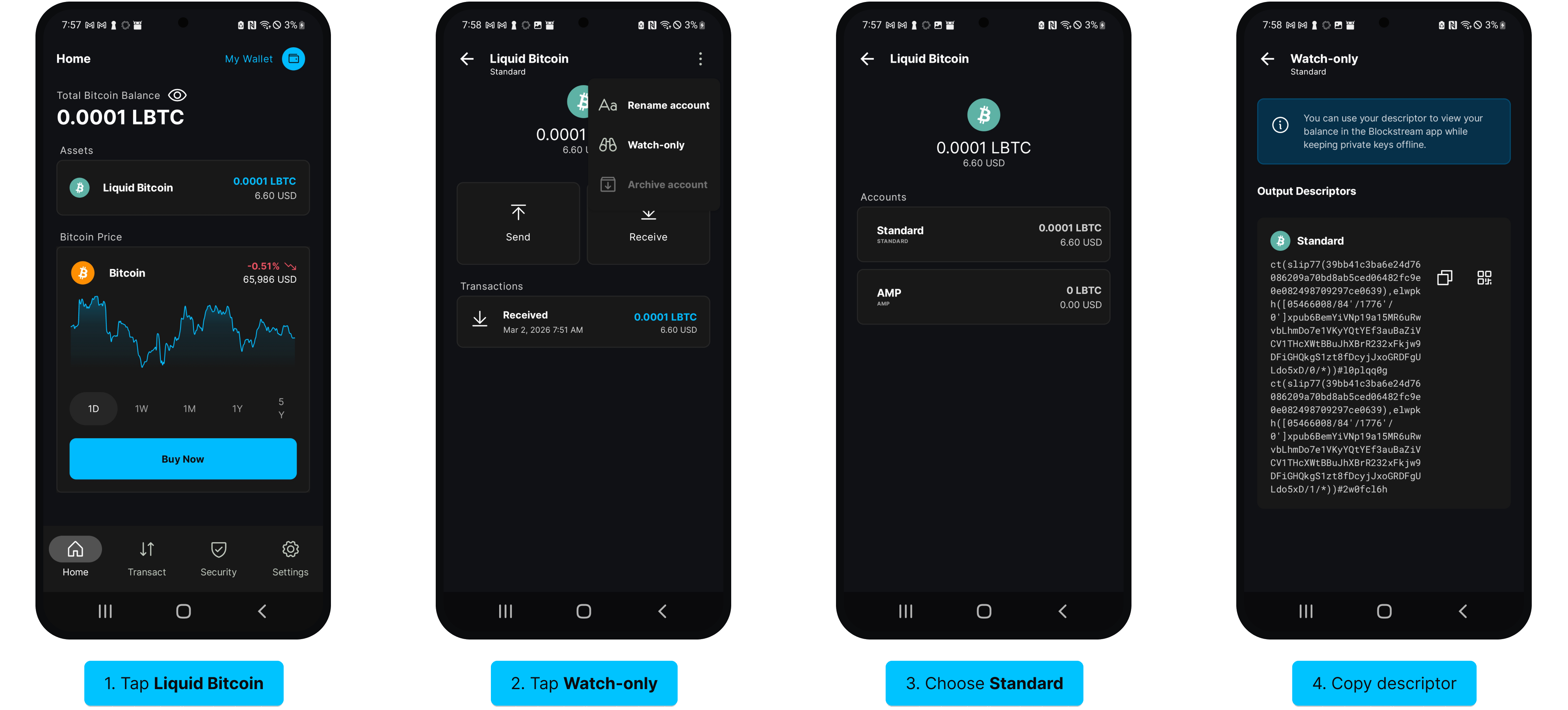 Set up watch-only on Android: tap Liquid Bitcoin, Watch-only, choose Standard, copy descriptor
