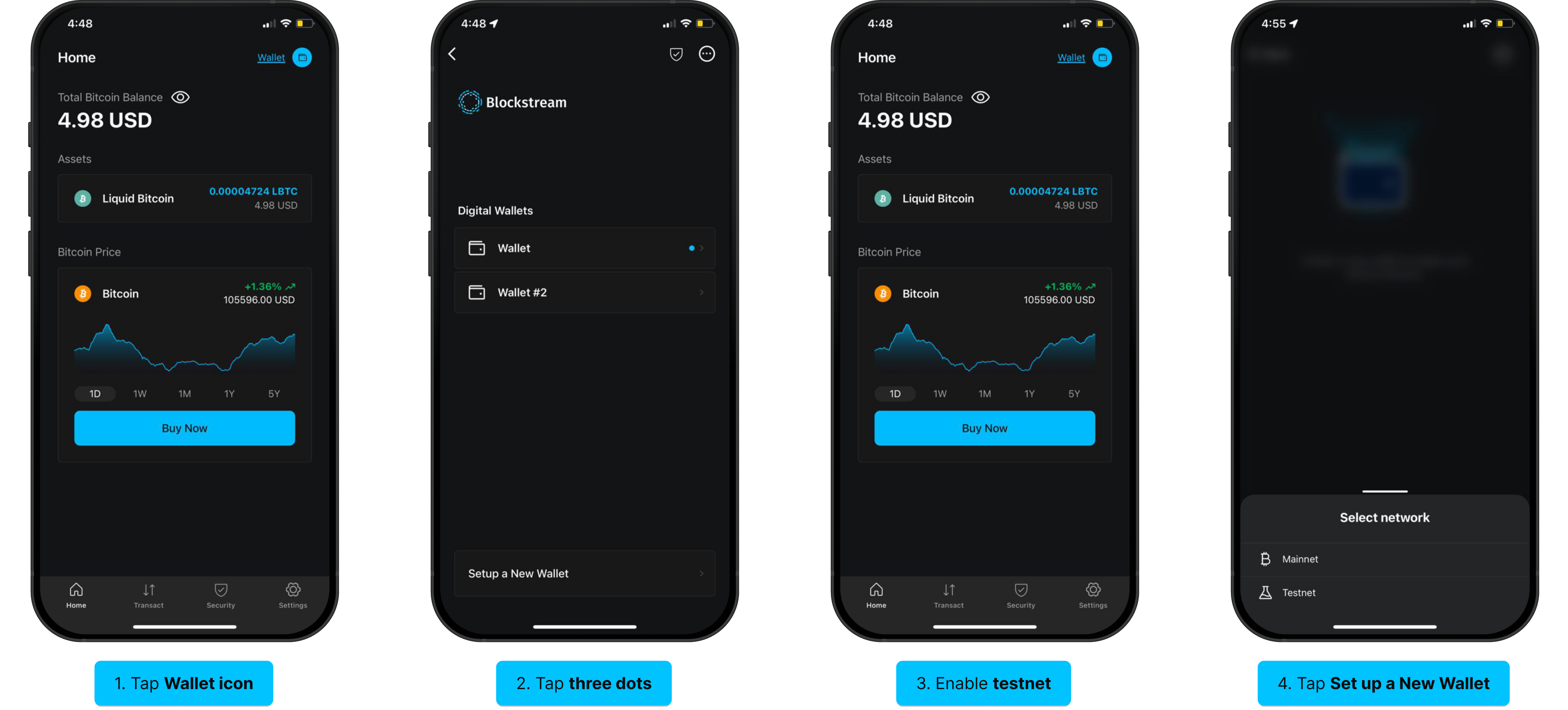 Set up testnet wallet: Wallet icon, three dots, enable testnet, set up new wallet, choose Testnet, done