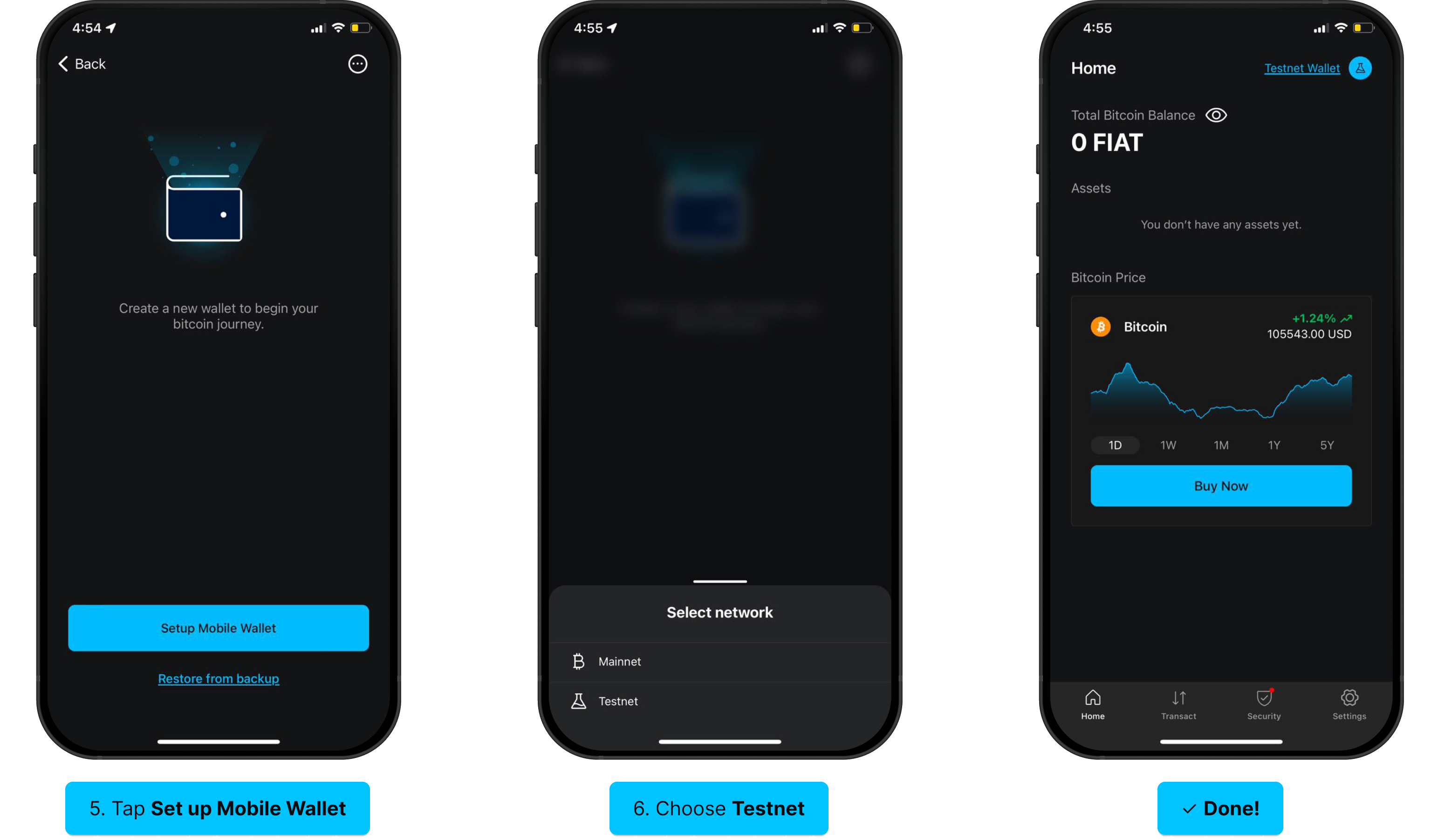 Set up testnet wallet: Wallet icon, three dots, enable testnet, set up new wallet, choose Testnet, done