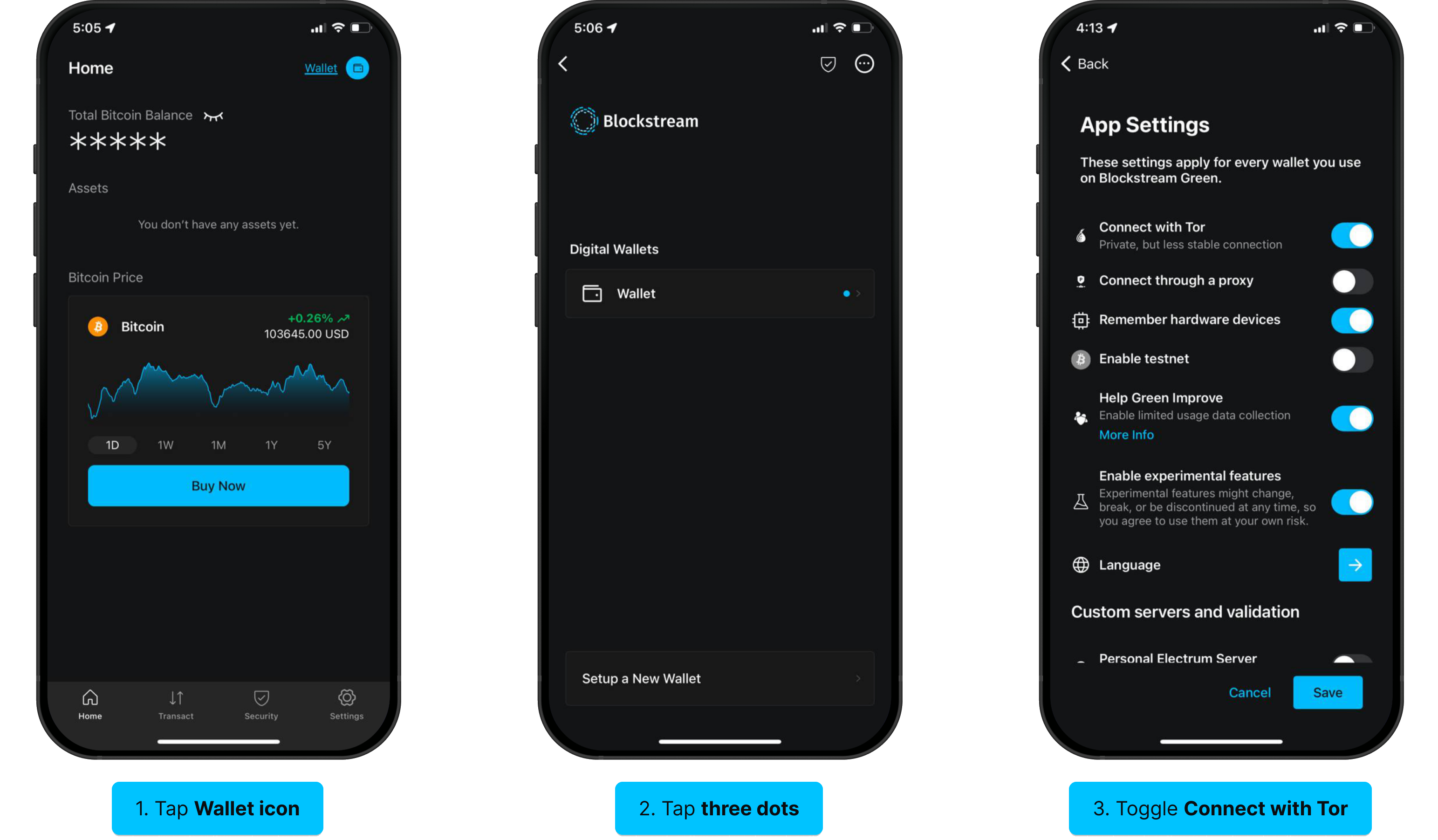 Connect to Tor: tap Wallet icon, open settings, toggle Tor