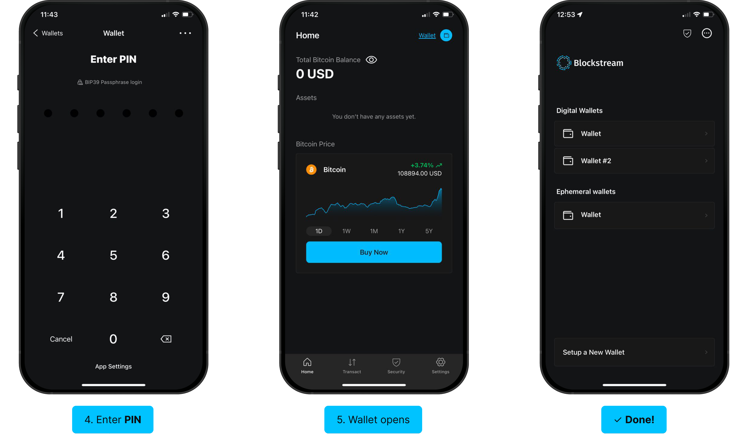 Set up a BIP39 passphrase: choose wallet, tap three dots, enter passphrase, enter PIN, wallet opens