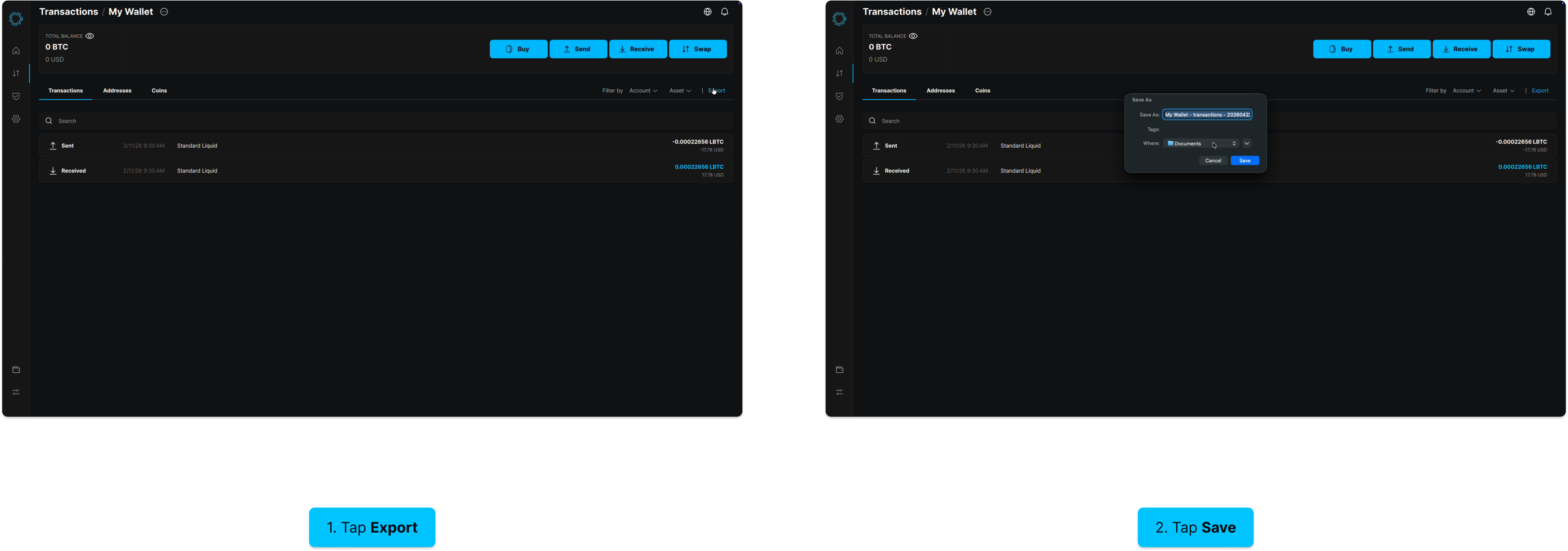 Export transactions on desktop: tap Export, tap Save