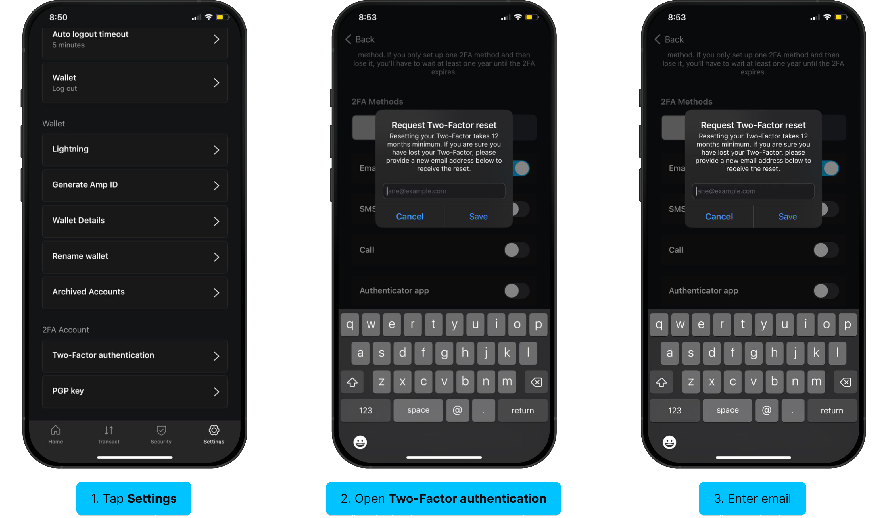 Reset your 2FA: tap Settings, open Two-Factor authentication, enter email