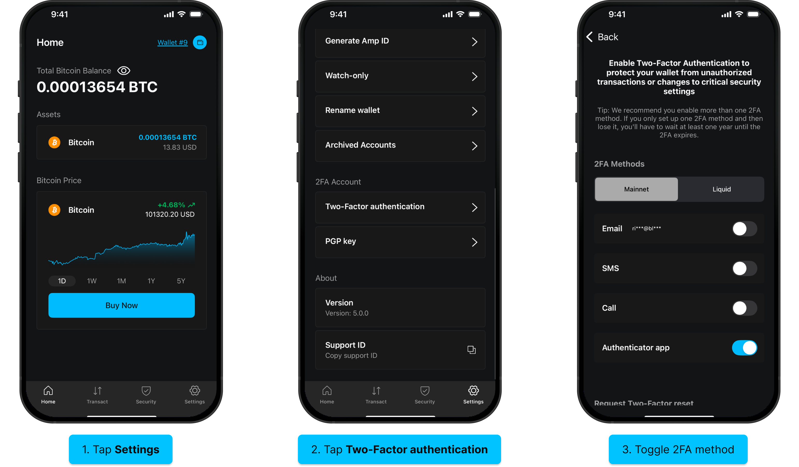 Steps to update the 2FA method in the Blockstream app: tap Settings, tap Two-Factor authentication, toggle the 2FA method