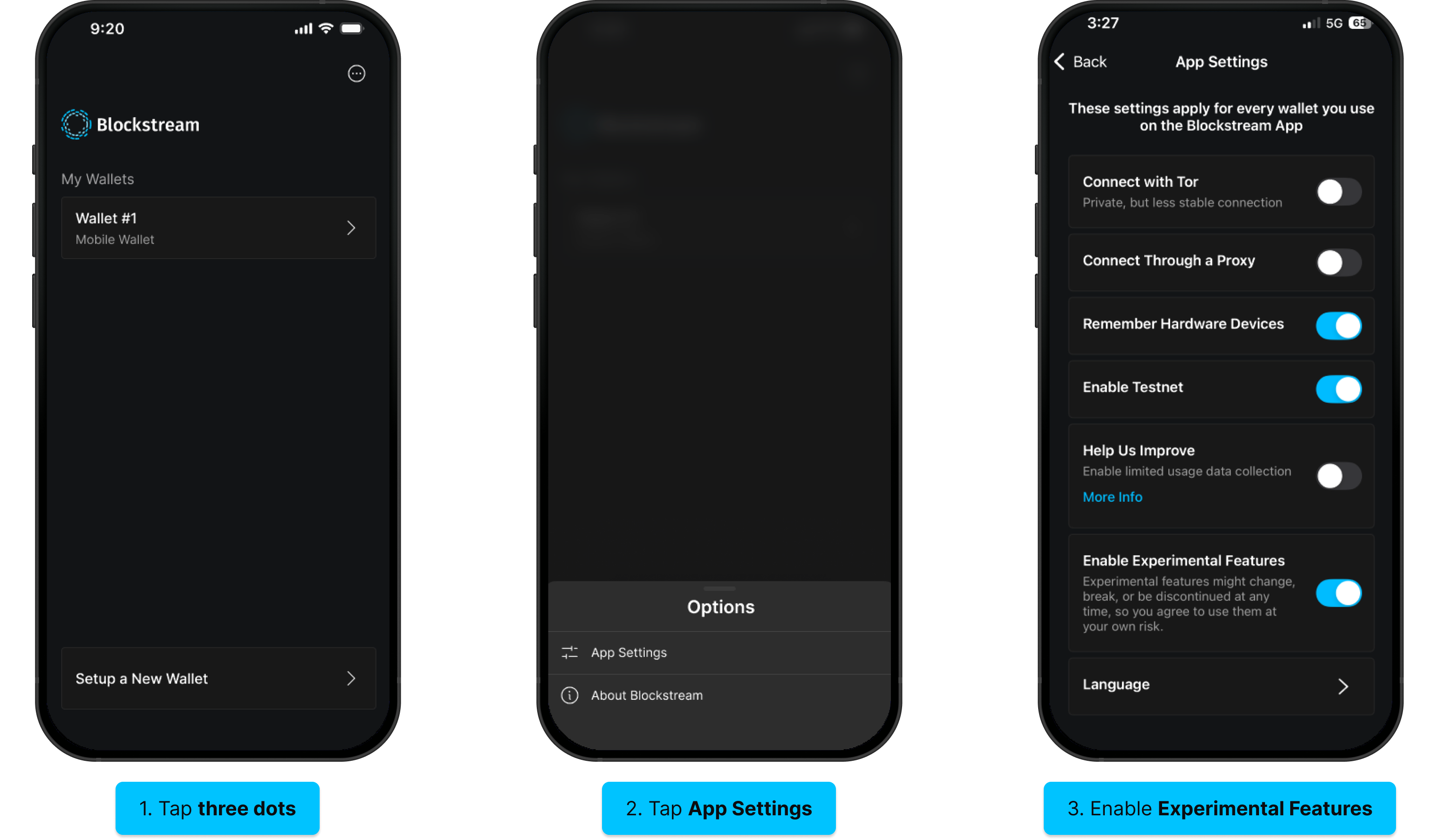 Enable Lightning (iOS): tap three dots, App Settings, Enable Experimental Features