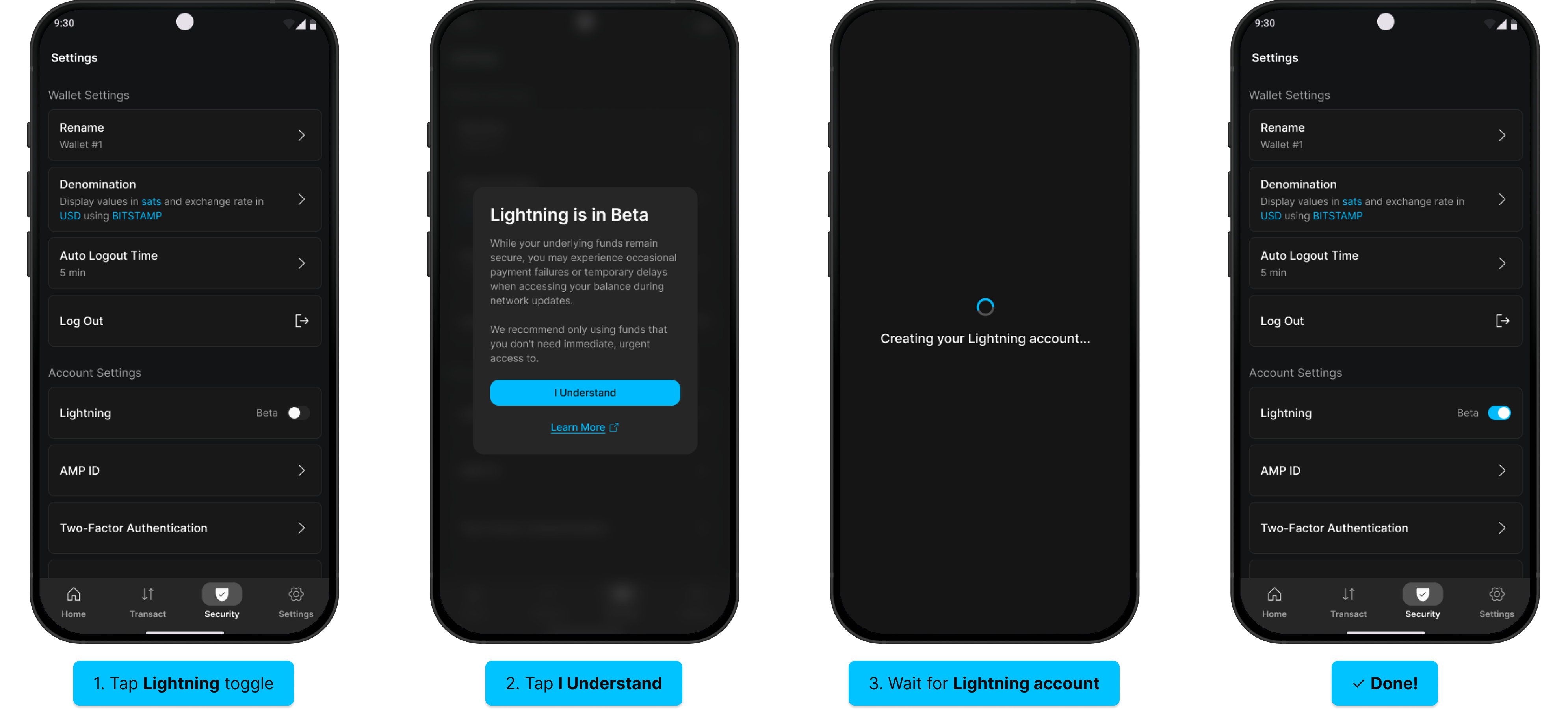 Enable Lightning (Android): Lightning toggle, I Understand, creating account, toggle on