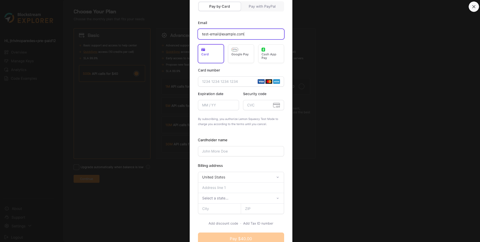 Blockstream Explorer API Lemon Squeezy Payment Overlay