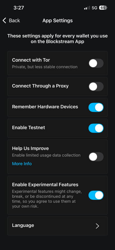 Blockstream app App Settings with Enable Experimental Features turned on
