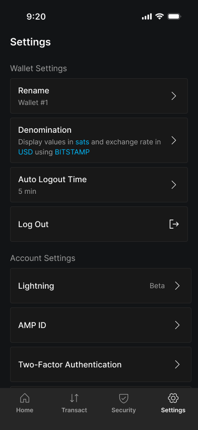Blockstream app wallet Settings with Lightning under Account Settings