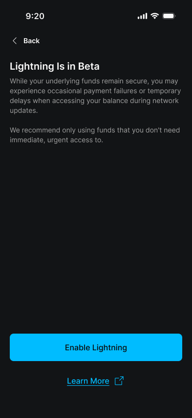 Blockstream app Lightning Is in Beta screen with Enable Lightning button