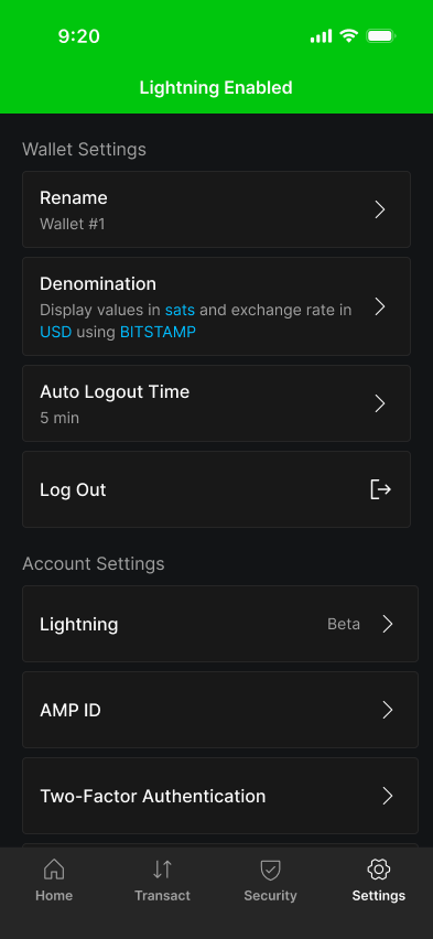 Blockstream app Settings screen with Lightning Enabled confirmation banner