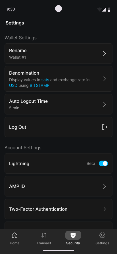 Blockstream app Settings screen with the Lightning toggle on