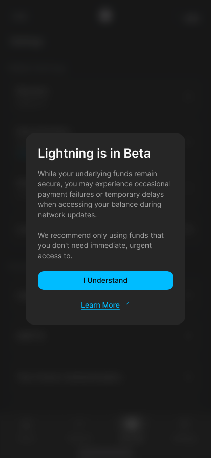 Blockstream app Lightning is in Beta dialog with I Understand button