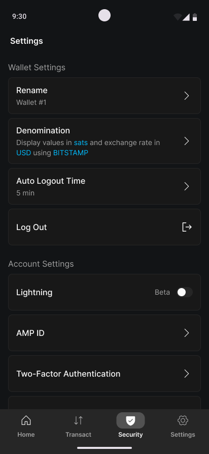 Blockstream app Settings screen with the Lightning toggle off
