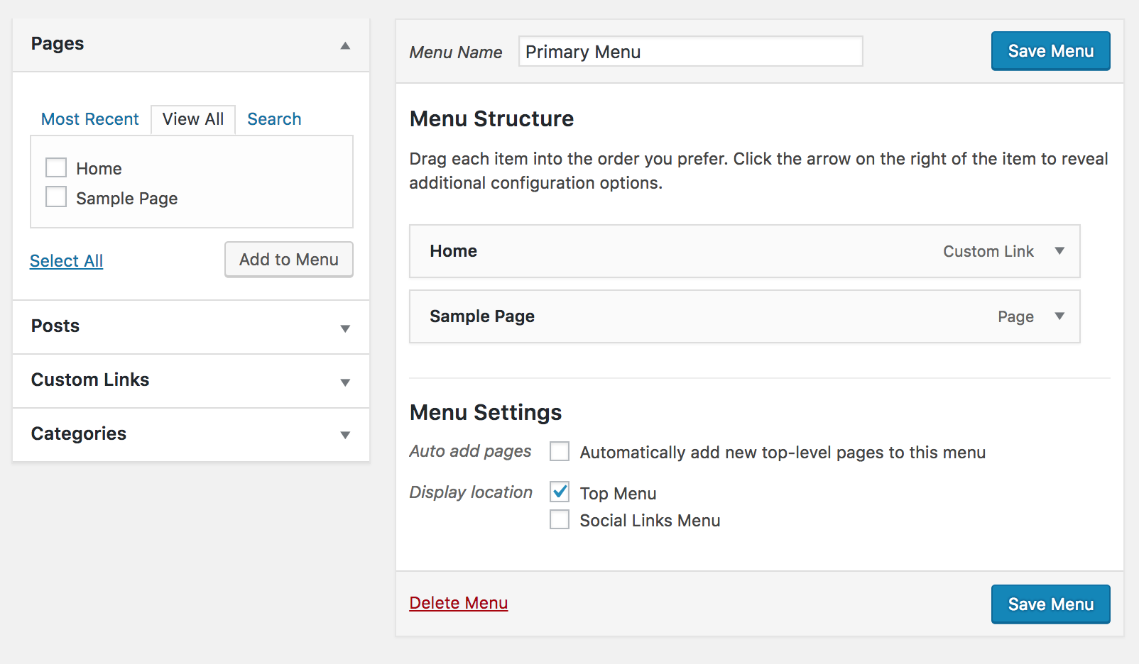 wordpress add home to primary menu