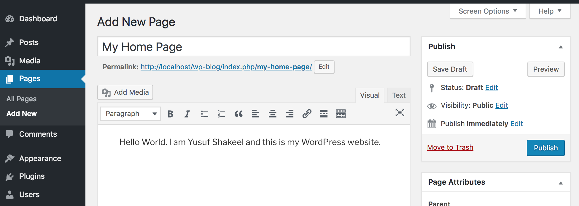 wordpress add new page