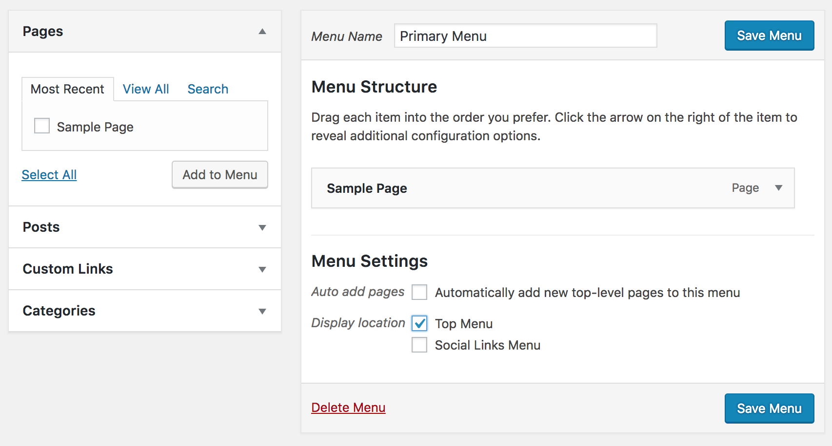 wordpress adding a page to the primary menu