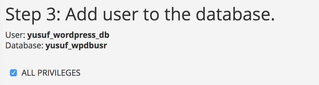 cpanel database user all privileges