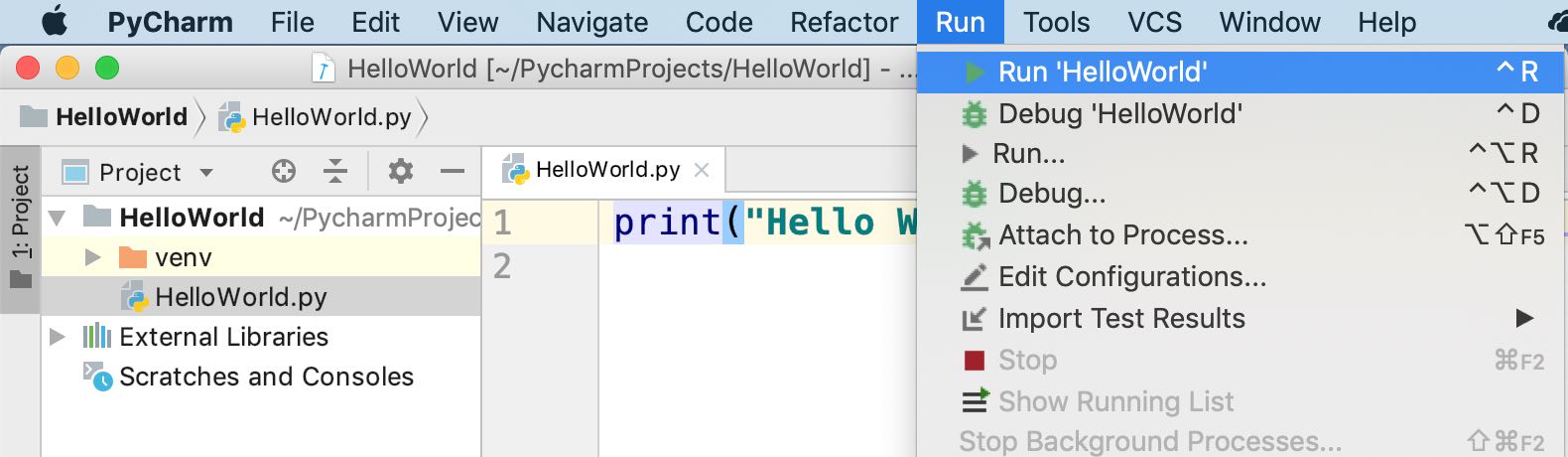 pycharm community edition - run hello world program