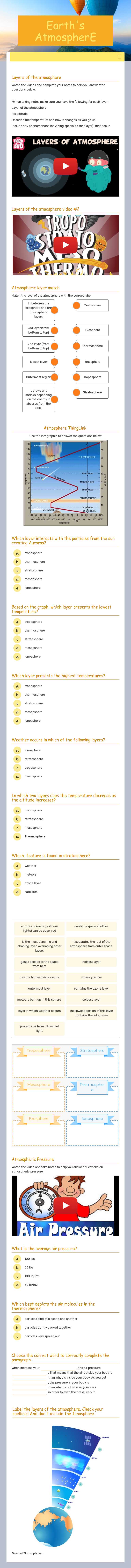 Earth's AtmospherE worksheet preview image
