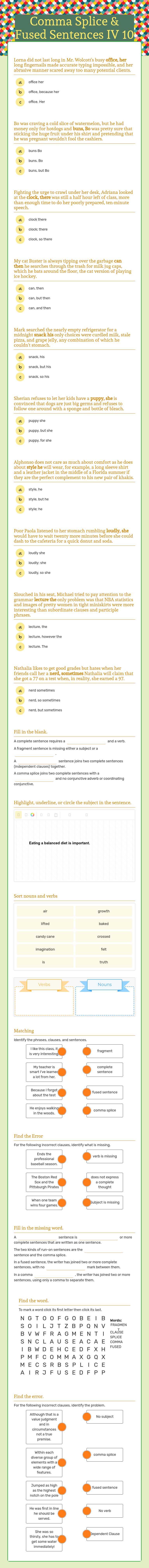 Comma Splice & Fused Sentences IV 10 worksheet preview image