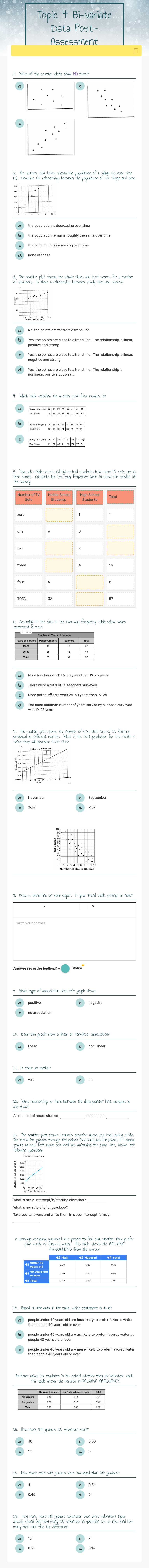 Topic 4 Bi-variate Data Post-Assessment worksheet preview image