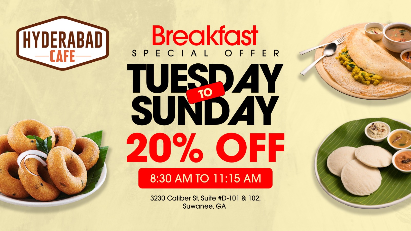 20% off on breakfast! at Hyderabad Cafe