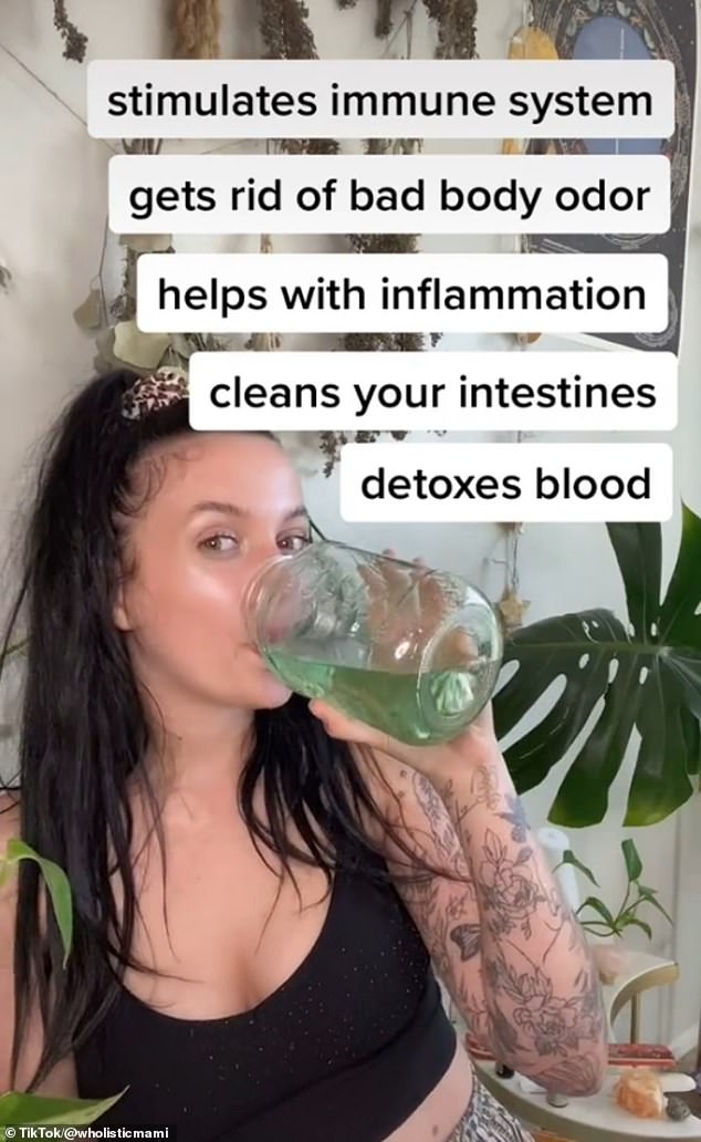 TikToker explaining how drinking chlorophyll water has benefitted her 