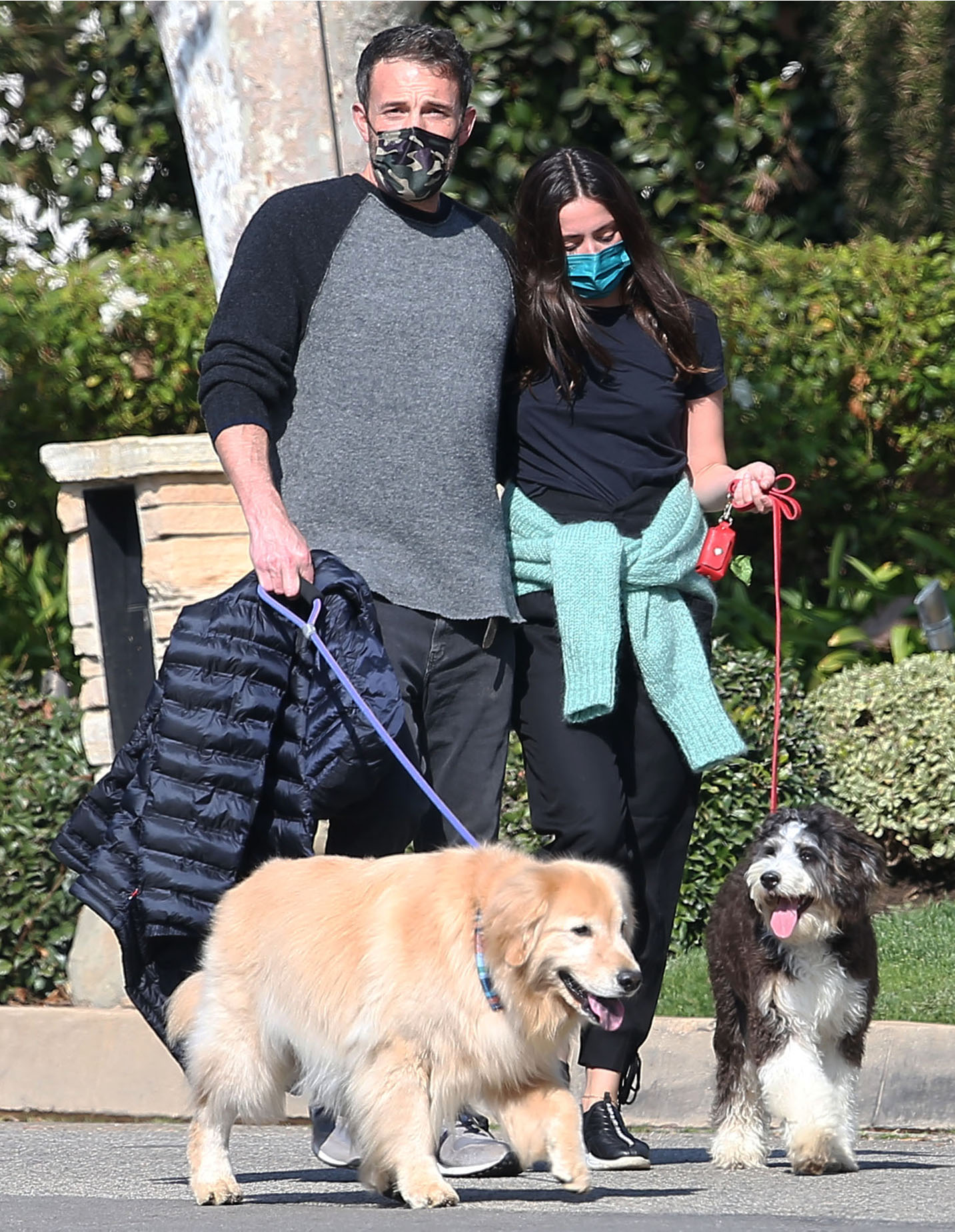 A photo of Ben Affleck and Ana de Armas walking their two cute little dogs on a hot afternoon.