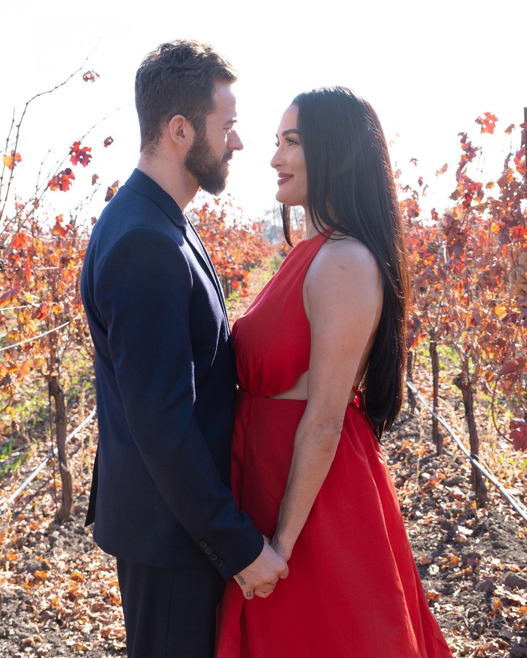 A gorgeous photo taken in a filed filled with dried leaves, shows Artem Chigvintsev and Nikki Bella in a romantic pose and they look awesome.