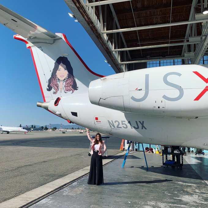 Lisa Vanderpump stands in front of a plane with her cartoon on it.