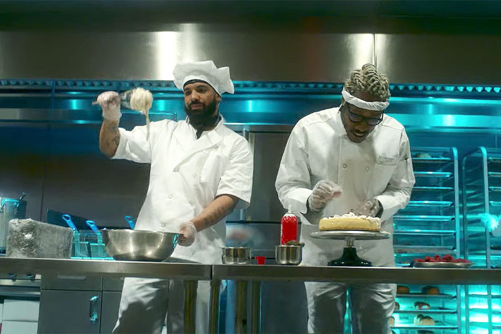 Drake and Future cooking in the 'Life Is Good' music video.