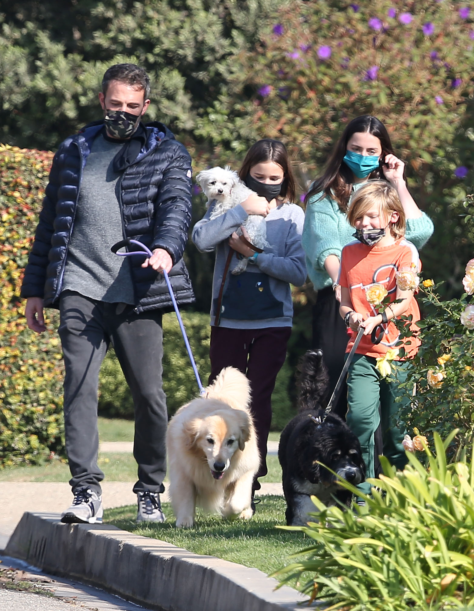 A photo of Ben Affleck and Ana de Armas taking Seraphina and Samuel Affleck out on a walk with the dogs.