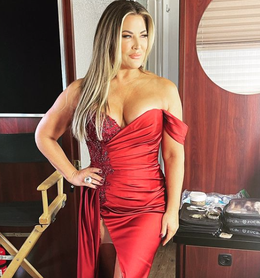Emily Simpson wears a red dress to the 'RHOC' reunion.