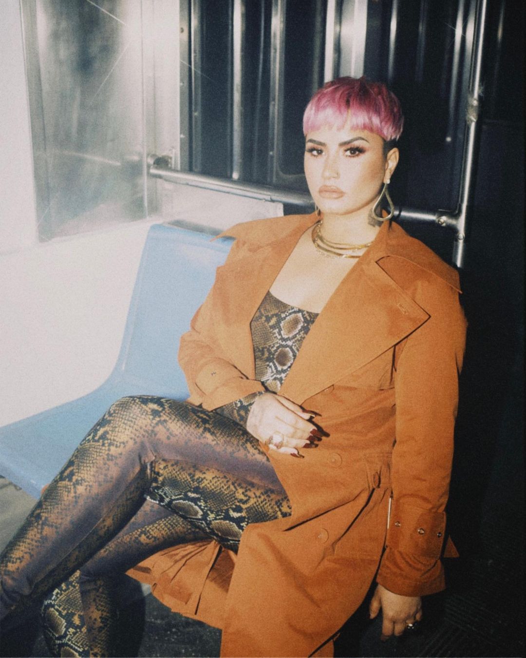 A photo showing Demi Lovato sporting an animal print jumpsuit and brown jacket.