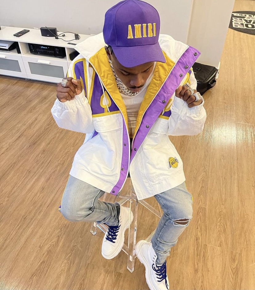 DaBaby in his purple Lakers/Amiri outfit.