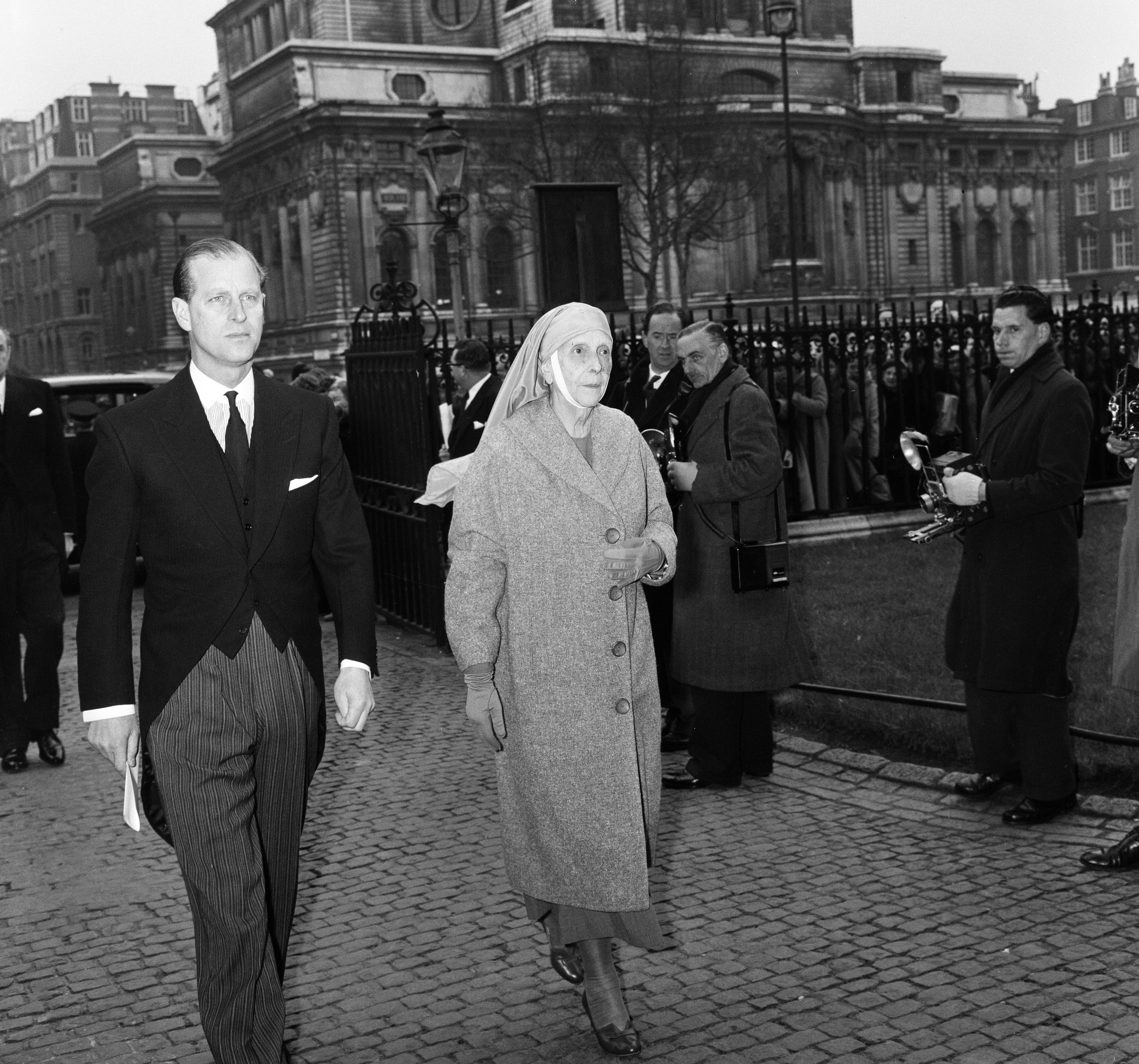 A photo showing young Prince Philip and his mother, Princess Alice of Battenberg attending the memorial service of Edwina Mountbatten.