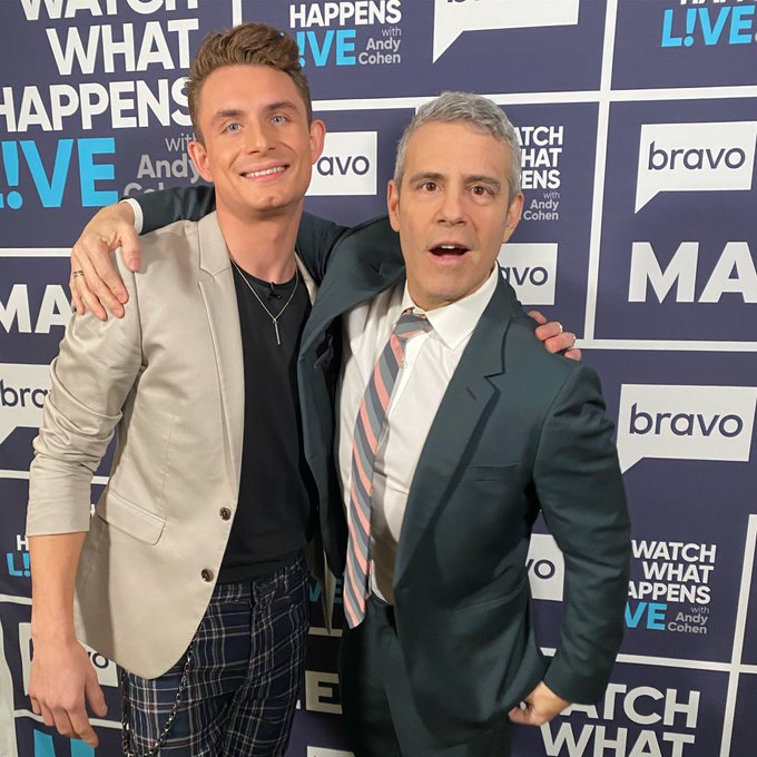 James Kennedy smiles alongside Andy Cohen at the Bravo Clubhouse.