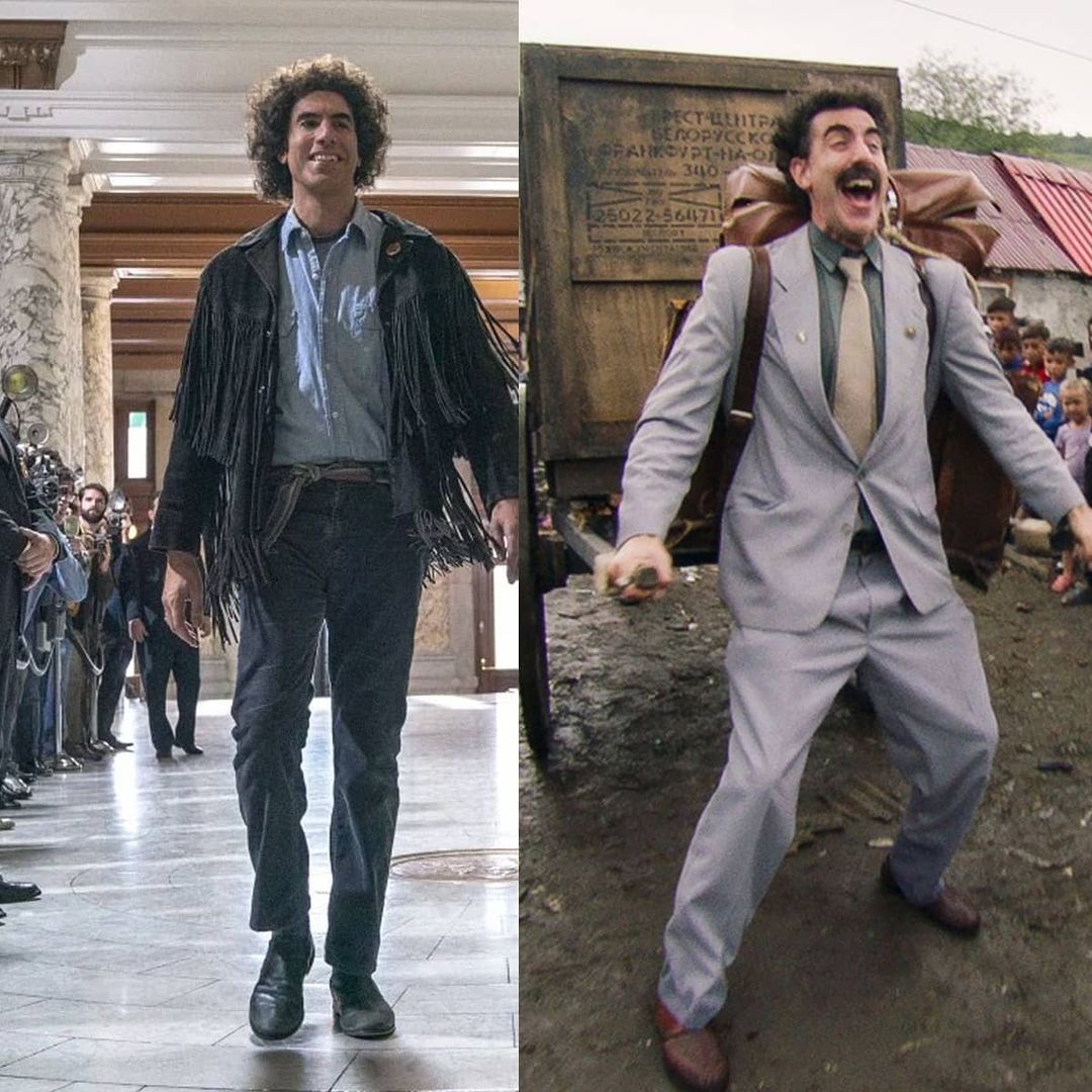 A collage photo of Sacha Baron Cohen in two different places, showing off his goofiness in funny hairstyles and outfits.