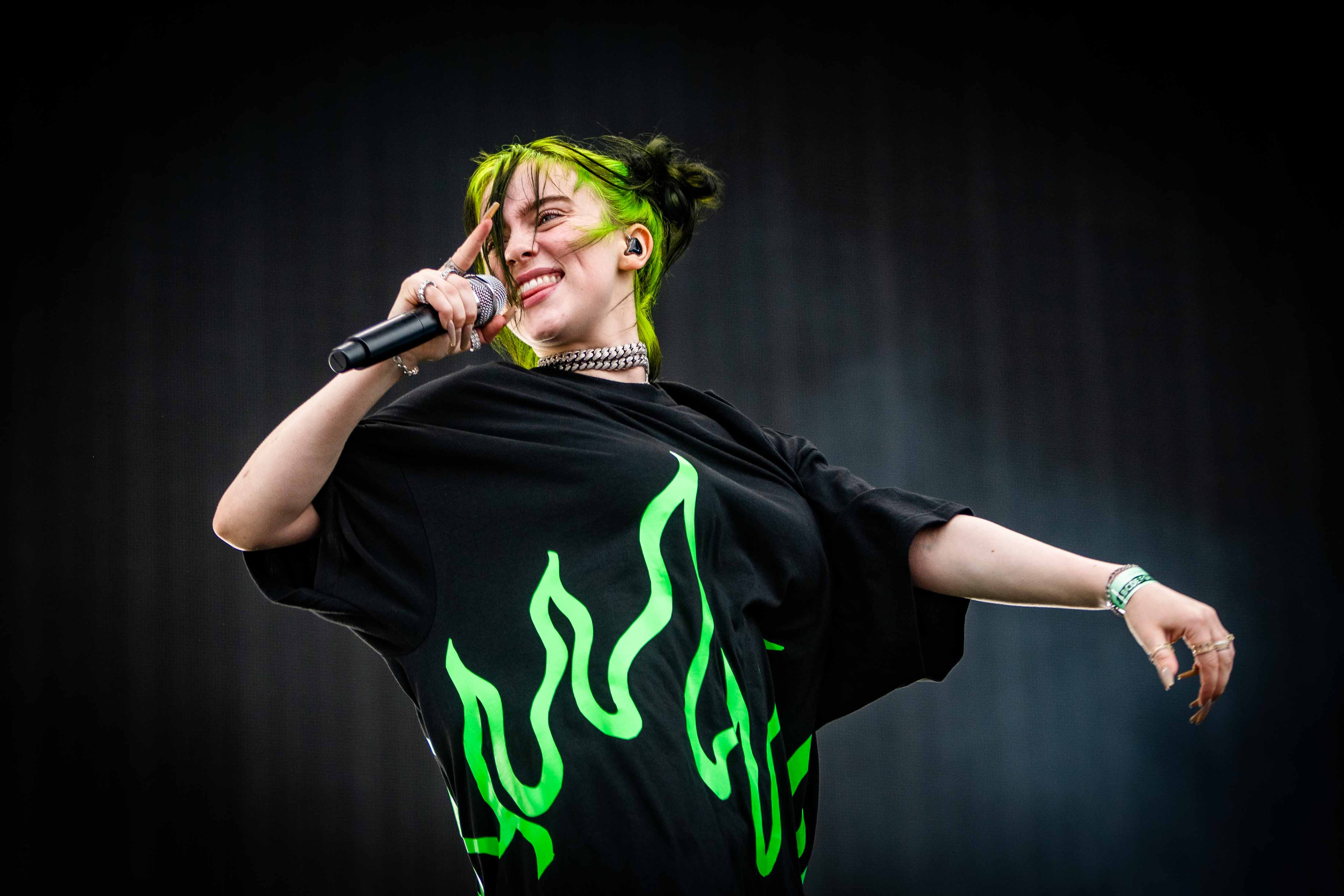 Billie Eilish with flame shirt