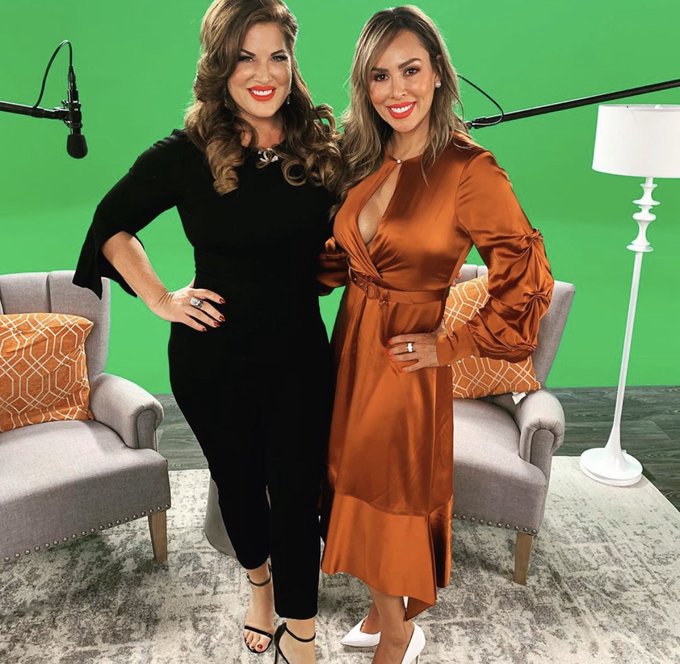 Kelly Dodd films a 'RHOC: After Show' with Emily Simpson.