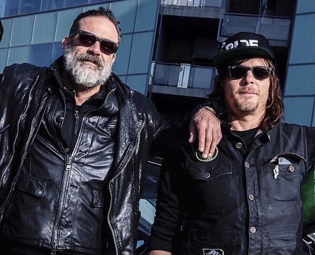 A photo showing Jeffrey Dean Morgan and Norman Reedus in black outfits.