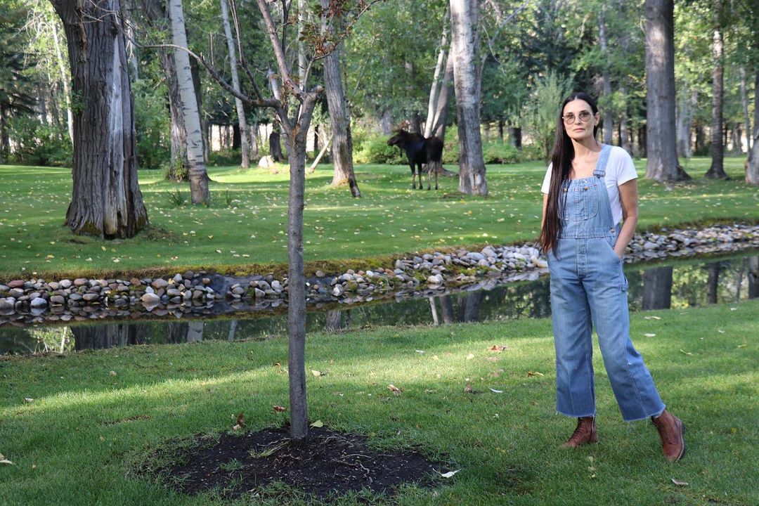 Demi Moore looks stylish in this denim overall paired with a white shirt on a large field.