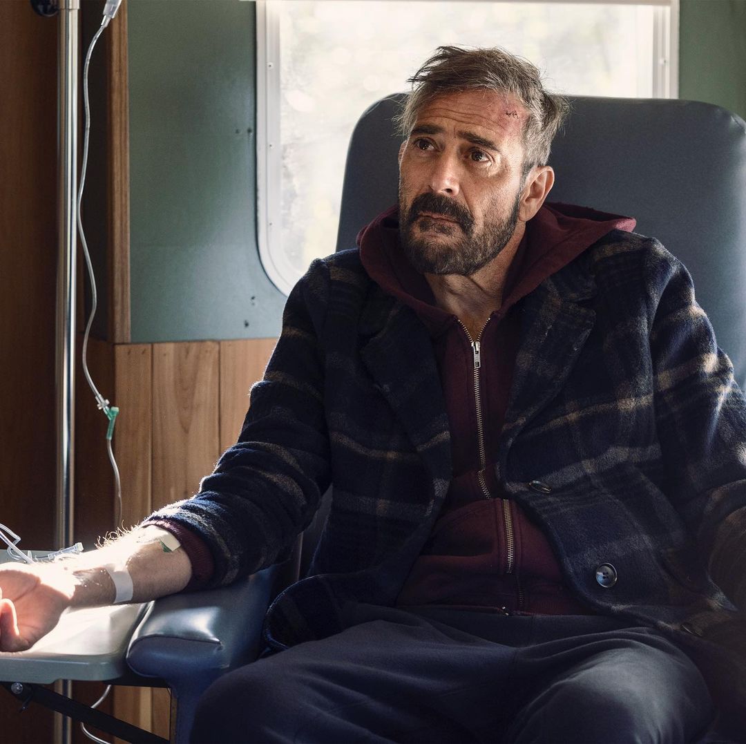 A photo of Jeffrey Dean Morgan from a scene in a movie and he's hooked to a drip.