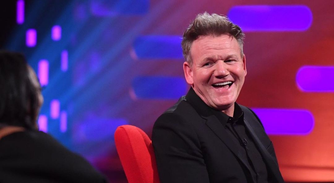 Chef Gordon Ramsay smiles in a behind-the-scenes photo taken on the Graham Norton Show.